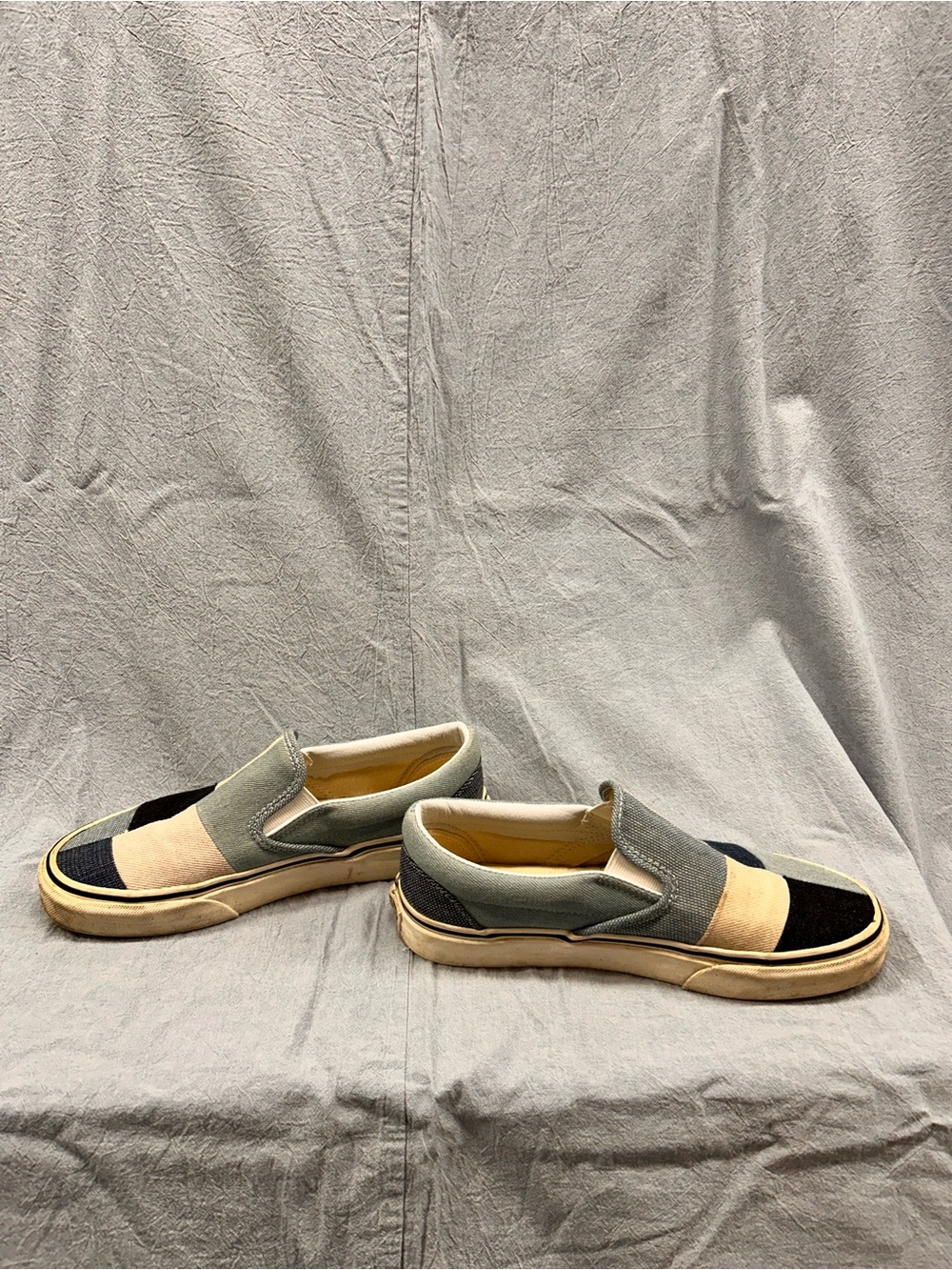 Vans Patchwork Slip-On Sneakers in Beige, Black & Blue - Picture 3 of 7